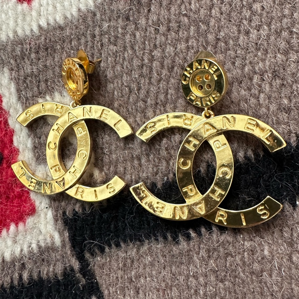 CHANEL Large Paris Button Earrings CC Gold